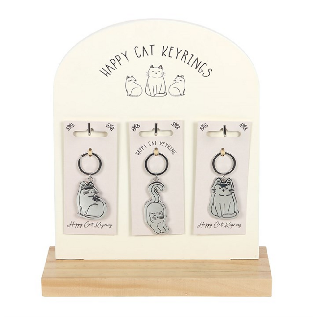 Set of 24 Happy Cat Keyrings on Display