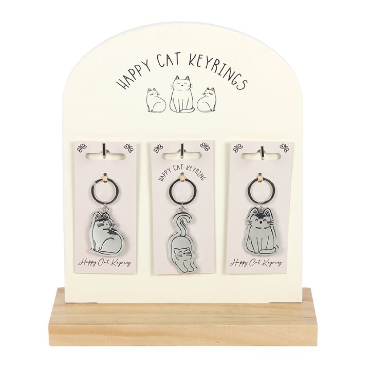 Set of 24 Happy Cat Keyrings on Display
