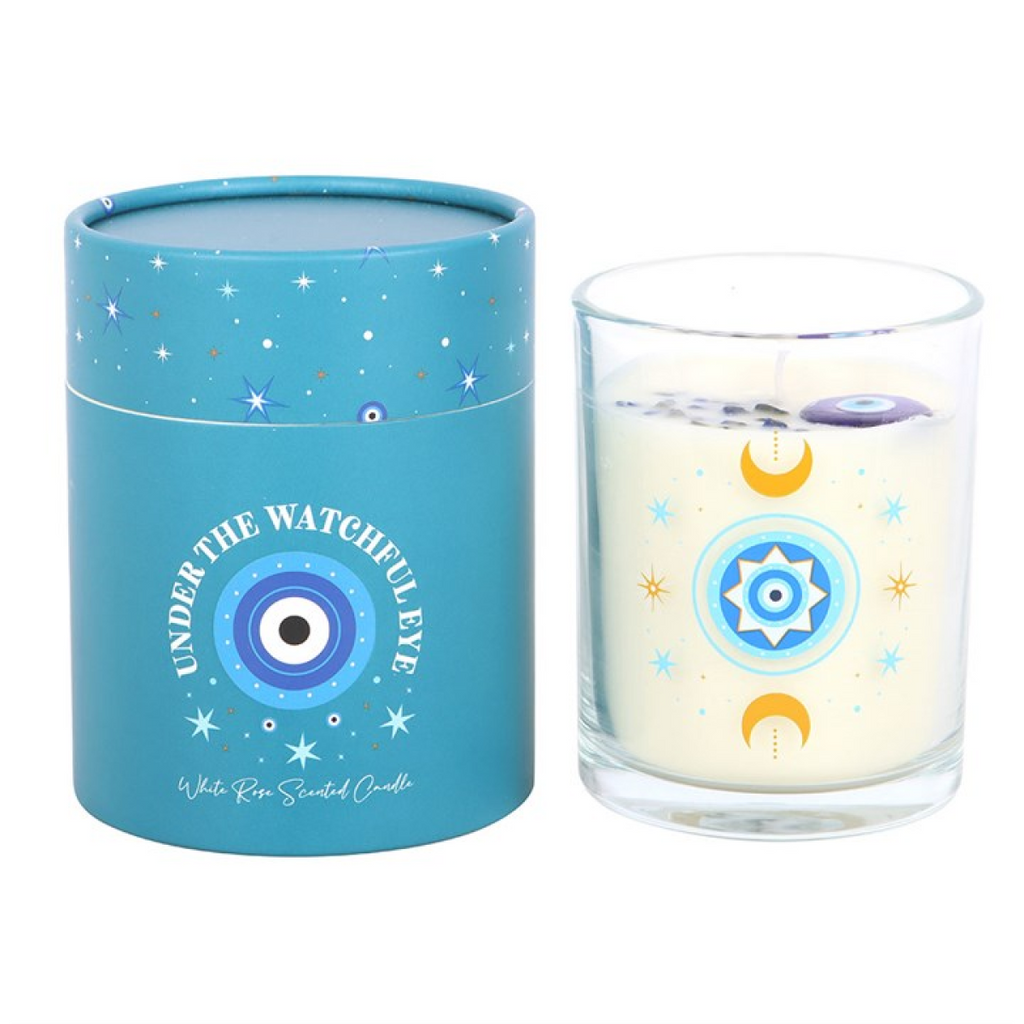 Under Watchful Eyes White Rose Candle with Crystals
