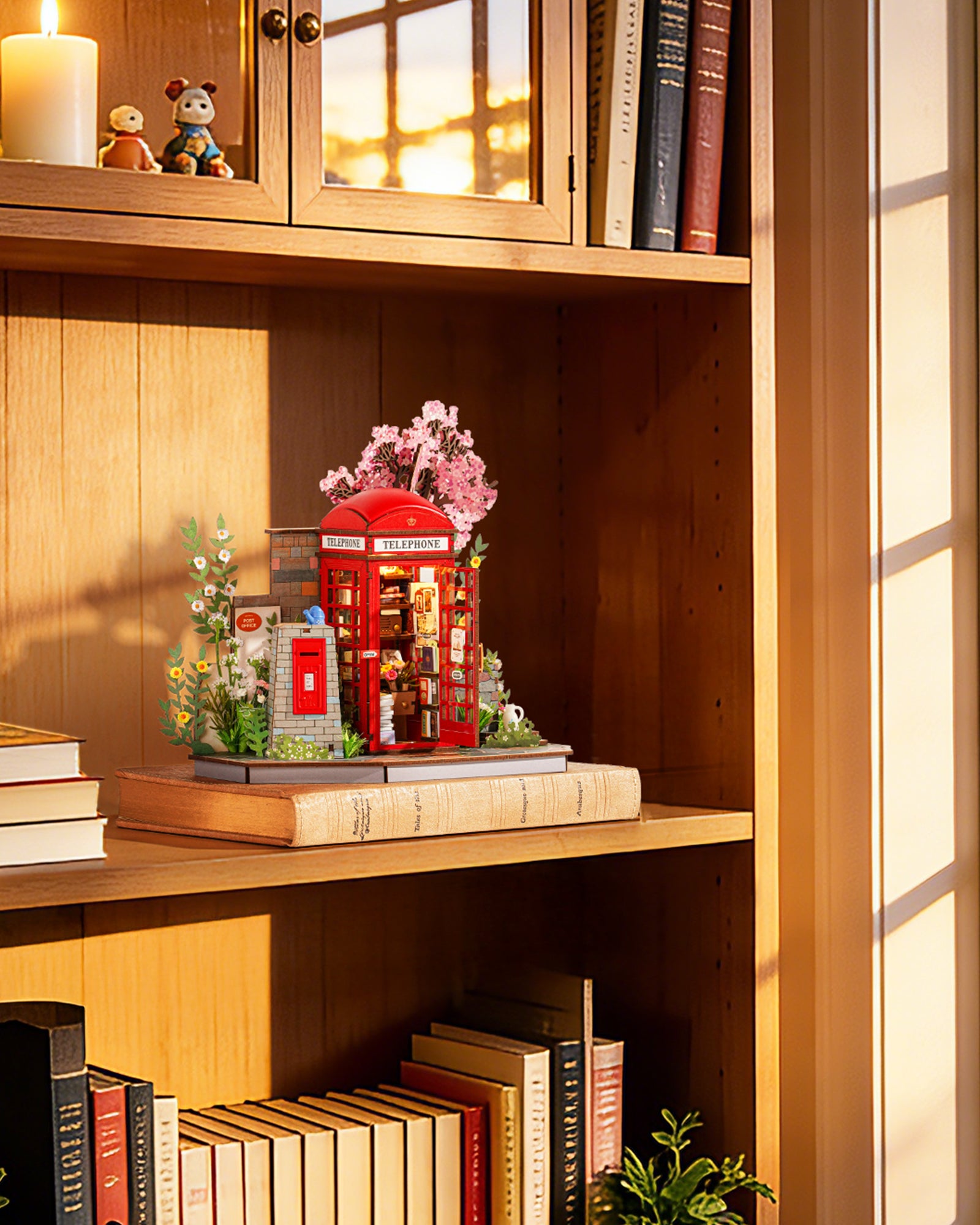 Robotime Cherry Blossom Book Stand 3D Wooden Puzzle Set - 116-Piece Mini Telephone Booth Model With LED Light