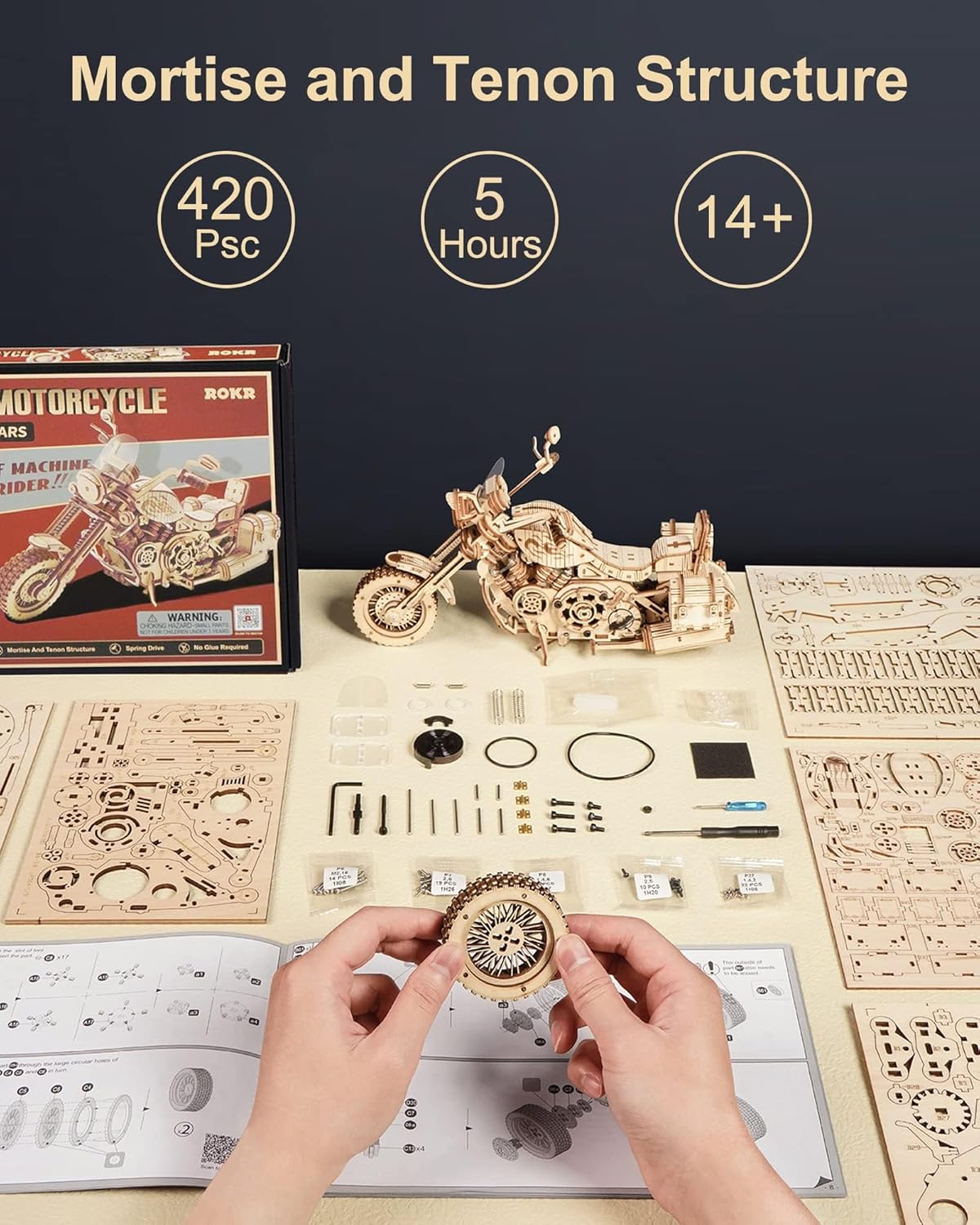 Large 420 Piece 3D puzzle cruiser motorcycle Kit Clockwork motor. Free Shipping!