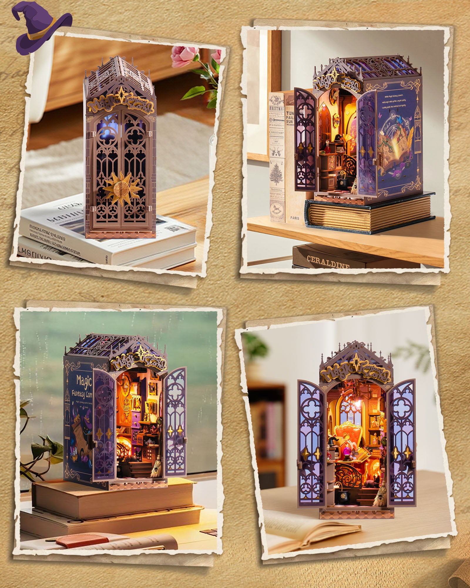 Rolife Magical Fantasy Corner Bookend DIY Set - 3D Wooden Miniature House, 3D Puzzle With Interactive LED Lights, 185 Pieces, Teen & Adult Bookshelf Decoration Gift