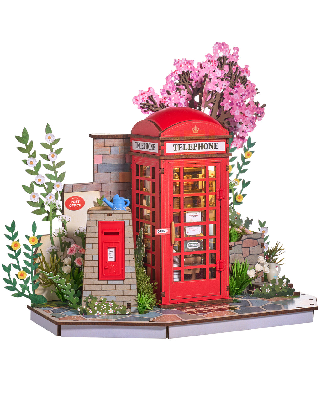 Robotime Cherry Blossom Book Stand 3D Wooden Puzzle Set - 116-Piece Mini Telephone Booth Model With LED Light