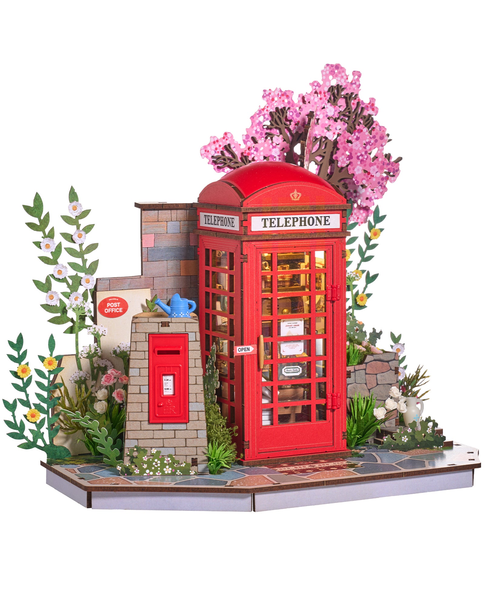 Robotime Cherry Blossom Book Stand 3D Wooden Puzzle Set - 116-Piece Mini Telephone Booth Model With LED Light