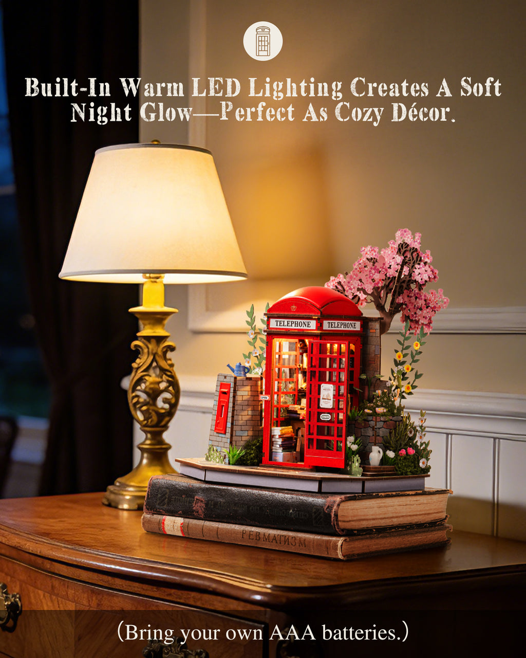 Robotime Cherry Blossom Book Stand 3D Wooden Puzzle Set - 116-Piece Mini Telephone Booth Model With LED Light