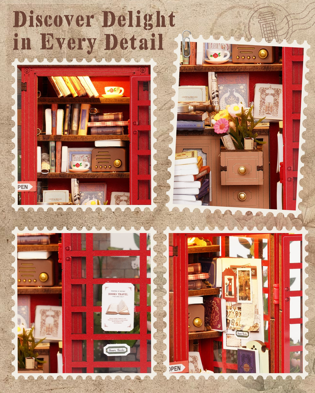 Robotime Cherry Blossom Book Stand 3D Wooden Puzzle Set - 116-Piece Mini Telephone Booth Model With LED Light