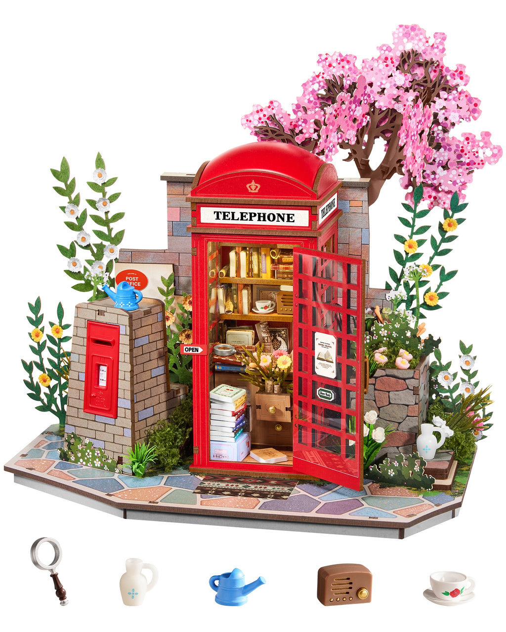 Robotime Cherry Blossom Book Stand 3D Wooden Puzzle Set - 116-Piece Mini Telephone Booth Model With LED Light