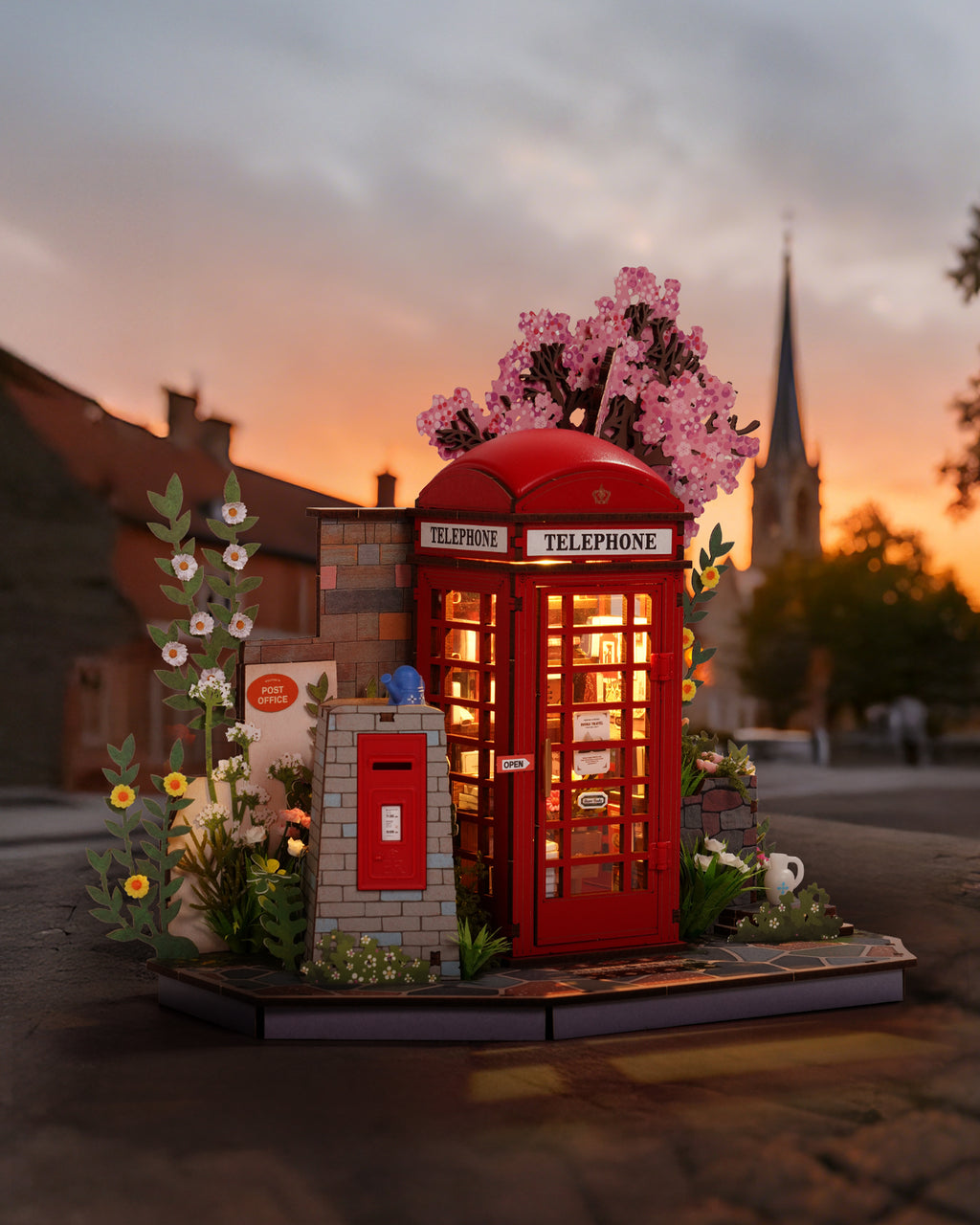 Robotime Cherry Blossom Book Stand 3D Wooden Puzzle Set - 116-Piece Mini Telephone Booth Model With LED Light