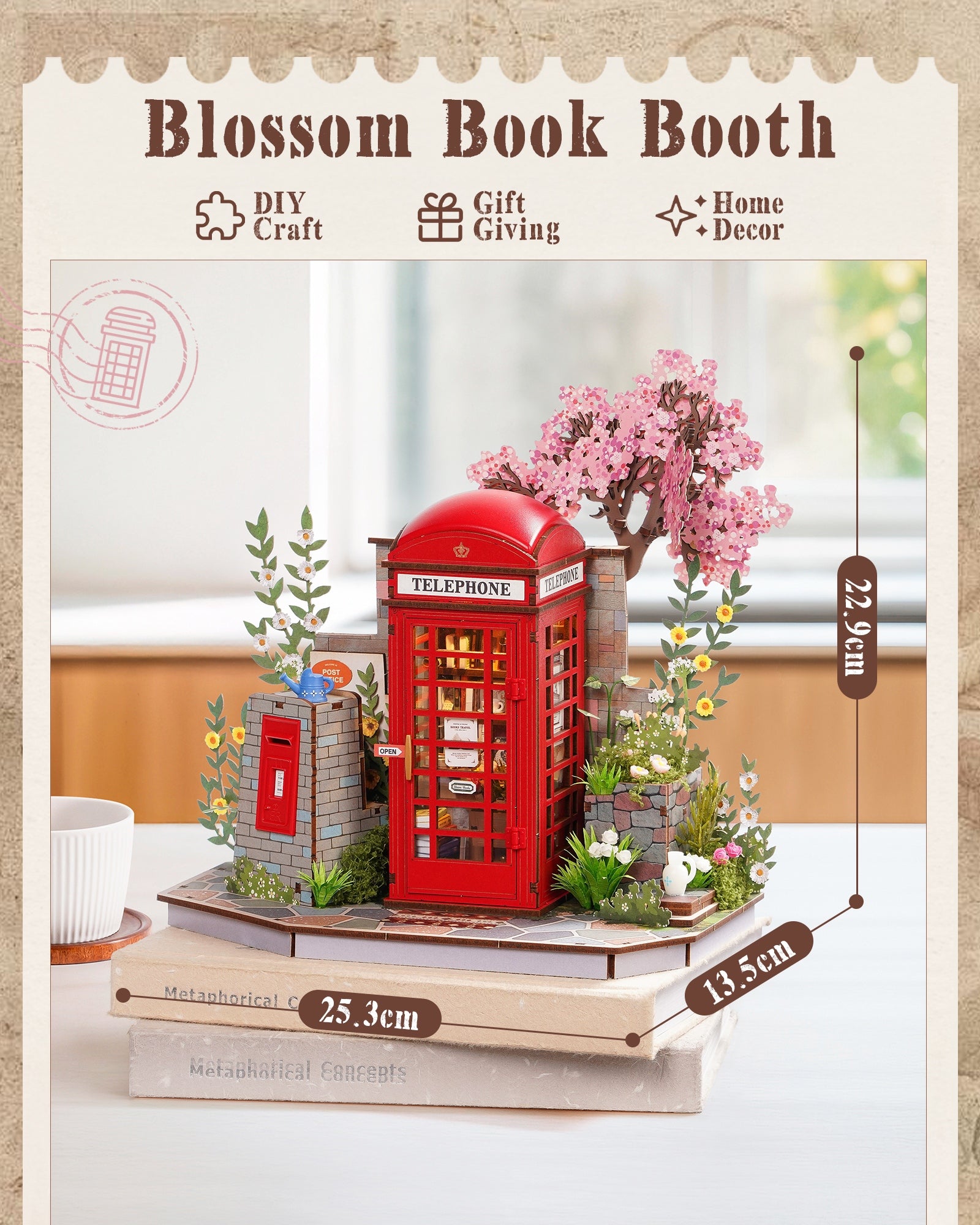 Robotime Cherry Blossom Book Stand 3D Wooden Puzzle Set - 116-Piece Mini Telephone Booth Model With LED Light