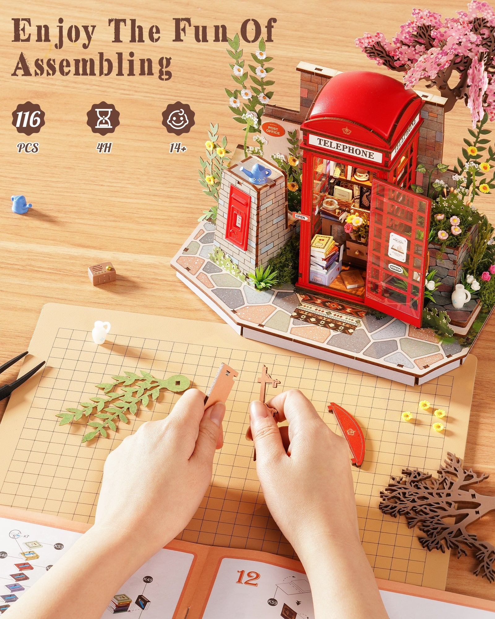 Robotime Cherry Blossom Book Stand 3D Wooden Puzzle Set - 116-Piece Mini Telephone Booth Model With LED Light