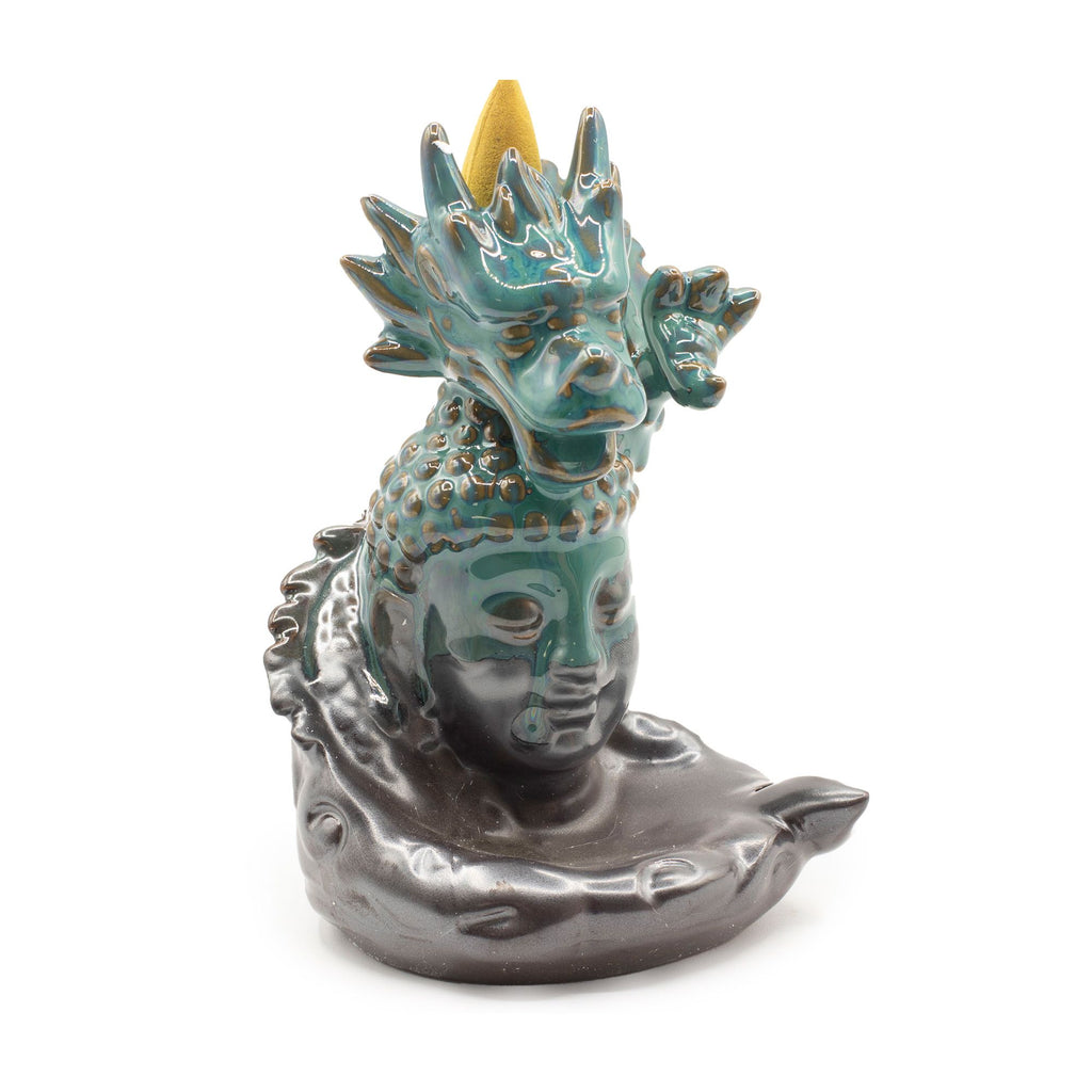 Large Ceramic Backflow Incense Burner - Dragon Over Buddha