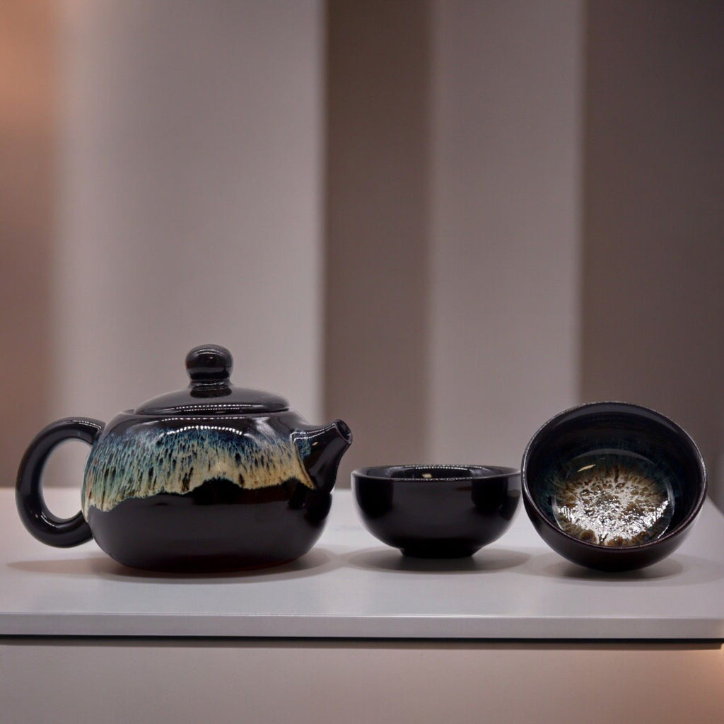 Collectable Herbal Black Glaze Teapot Set - Pot & Two Cups