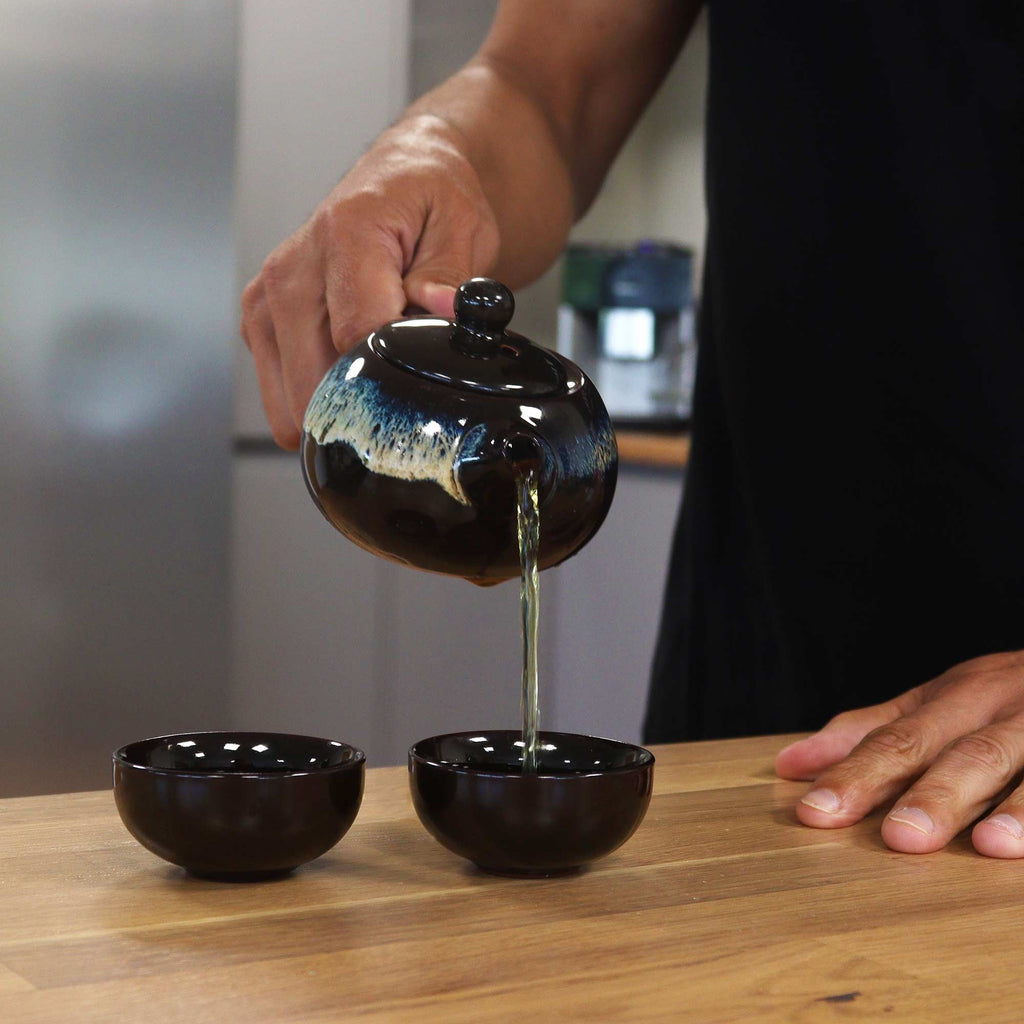 Collectable Herbal Black Glaze Teapot Set - Pot & Two Cups