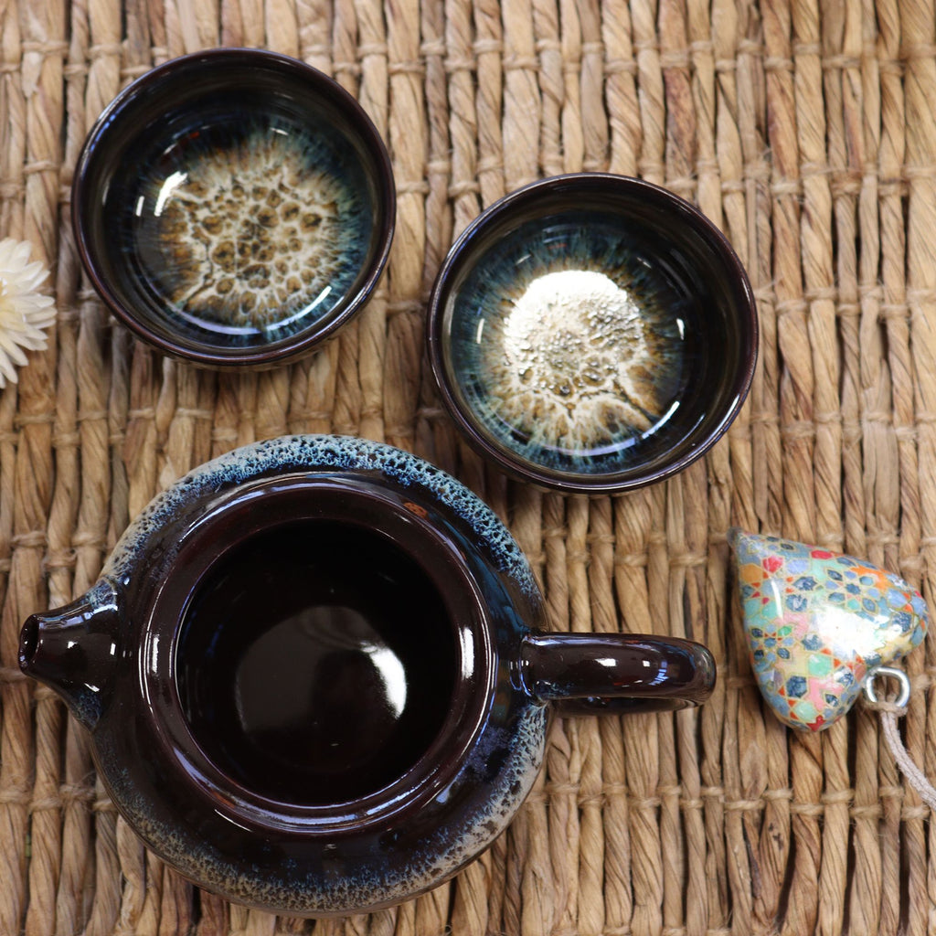Collectable Herbal Black Glaze Teapot Set - Pot & Two Cups