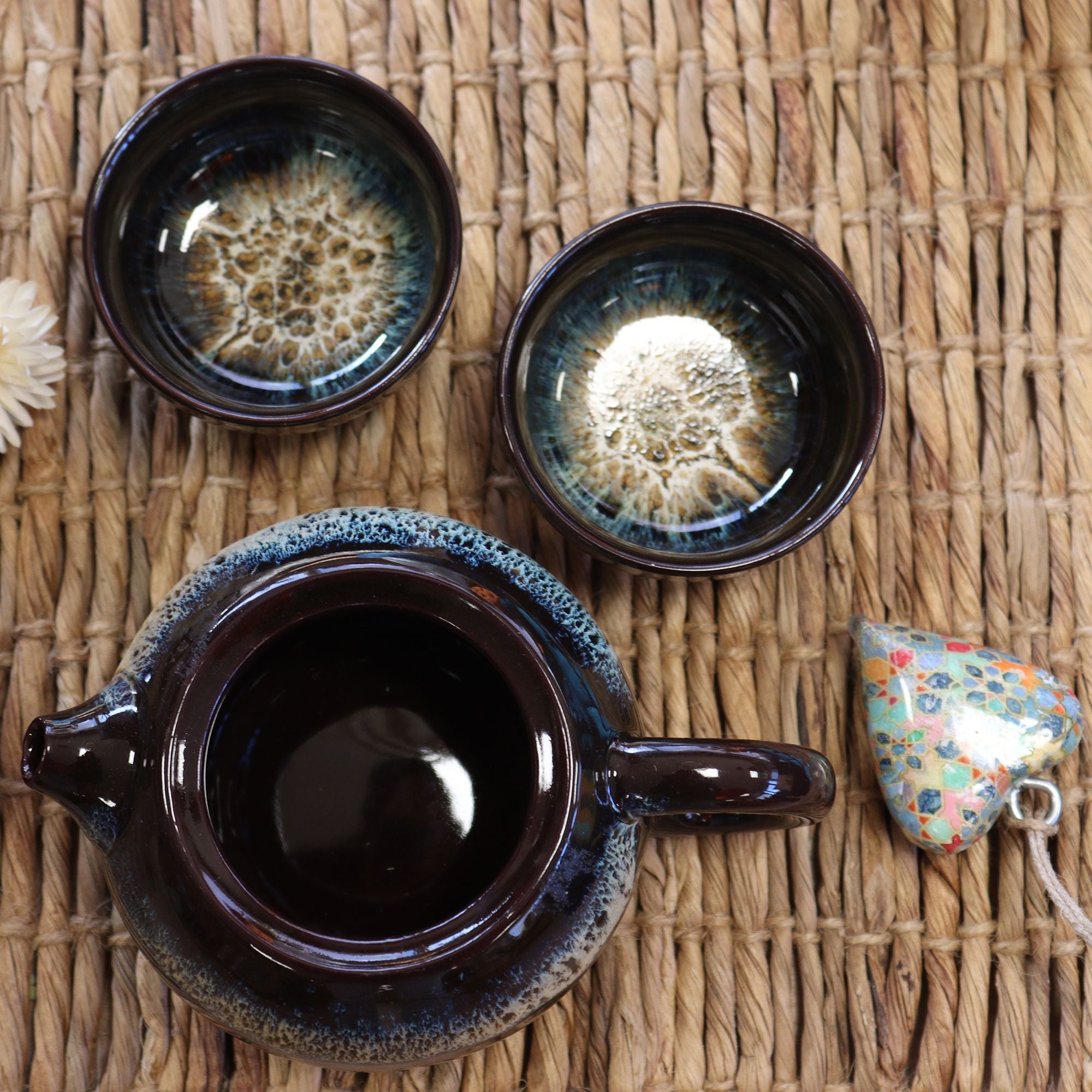 Collectable Herbal Black Glaze Teapot Set - Pot & Two Cups