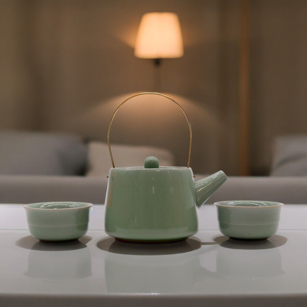 collectable Herbal Jade Teapot Set - Pot & Two Cups
