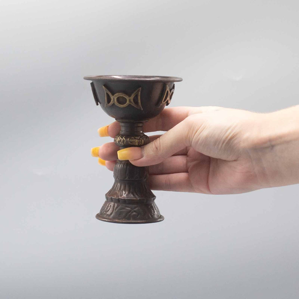 Decorative Antique Copper Ritual Goblet with Triple Moon 8x13cm