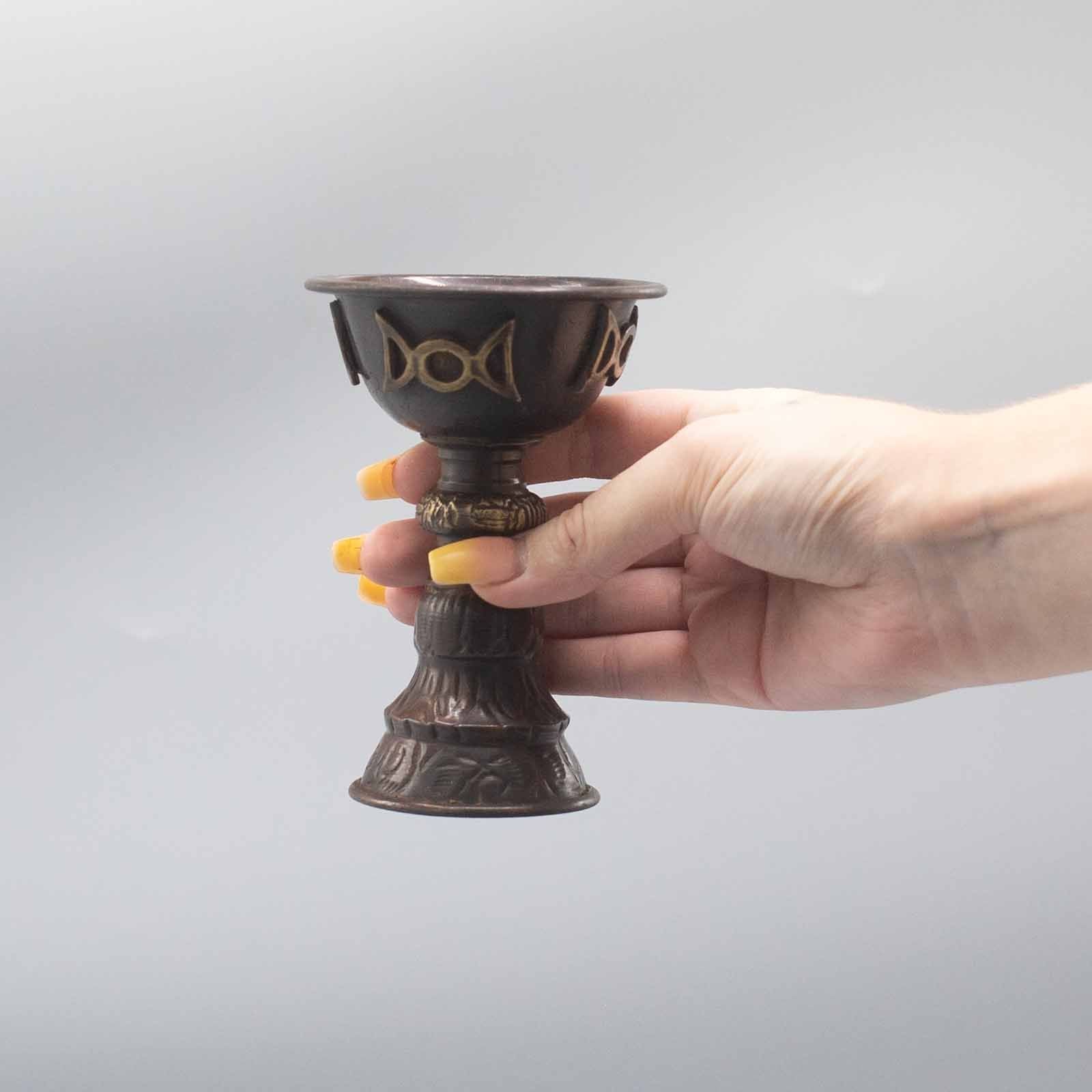 Decorative Antique Copper Ritual Goblet with Triple Moon 8x13cm