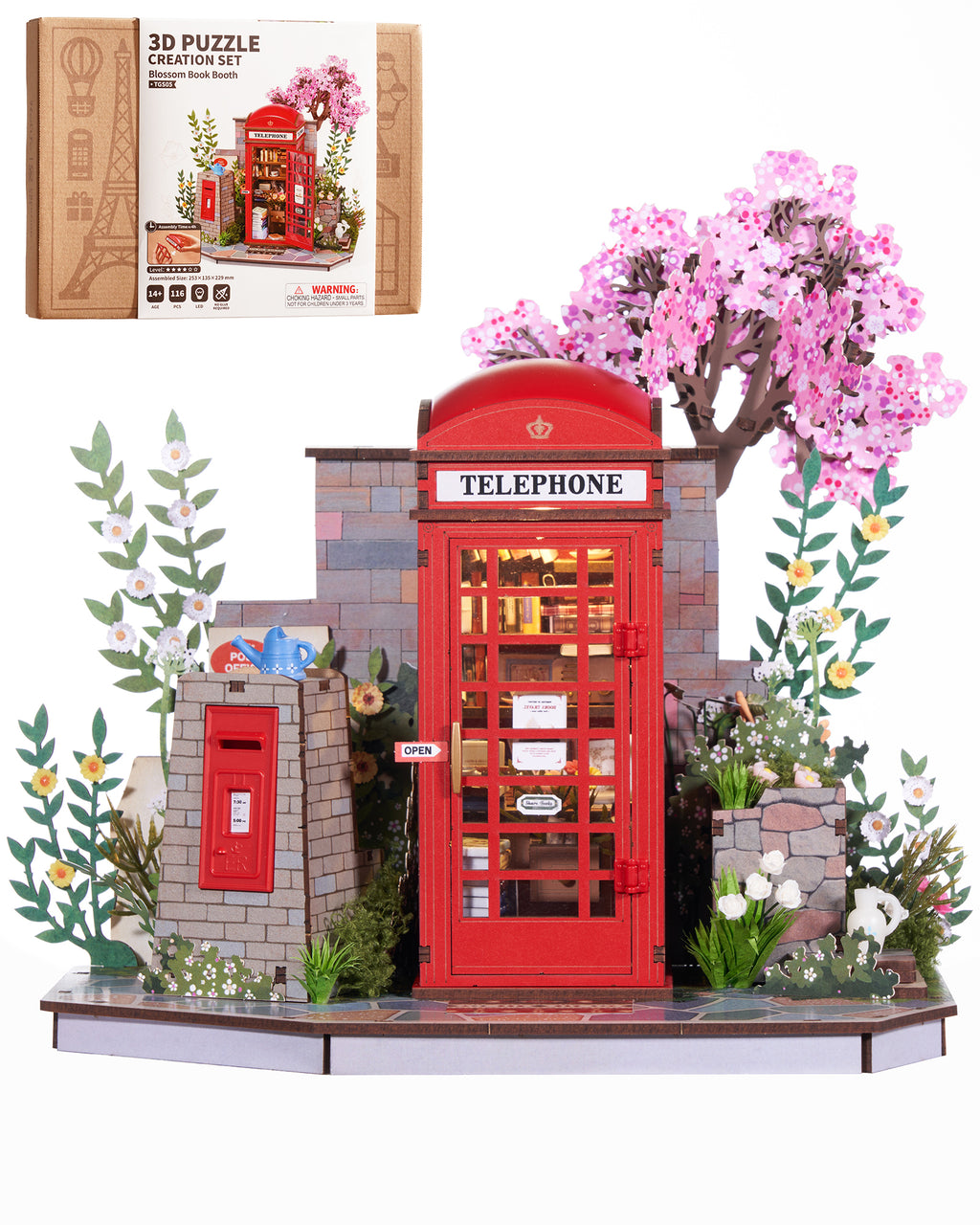 Robotime Cherry Blossom Book Stand 3D Wooden Puzzle Set - 116-Piece Mini Telephone Booth Model With LED Light