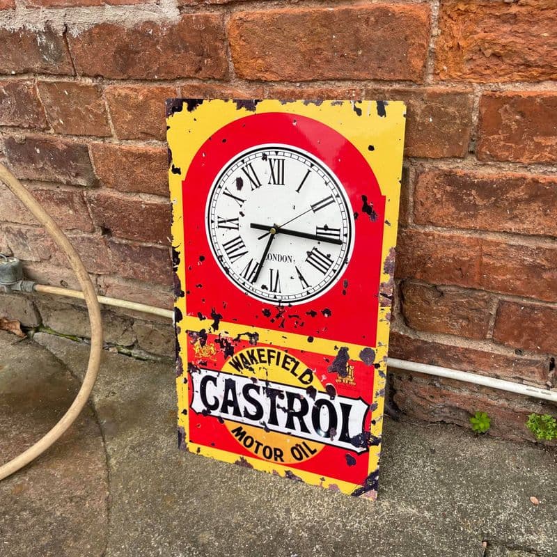 Clock Castrol Tin Sign Metal Sign Plaque 30x45cm, red & yellow.