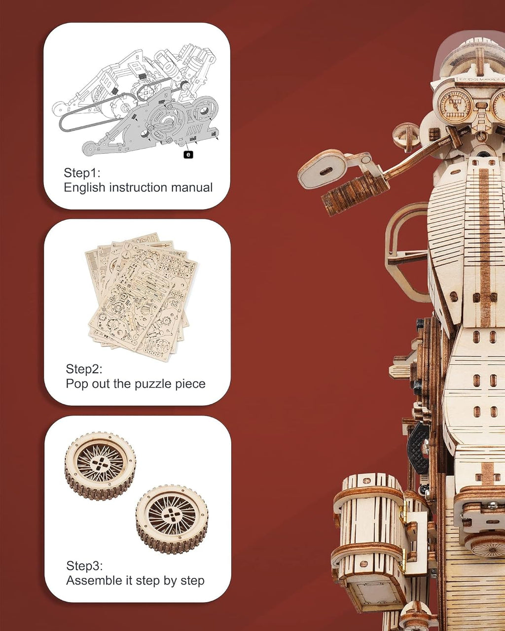 Large 420 Piece 3D puzzle cruiser motorcycle Kit Clockwork motor. Free Shipping!