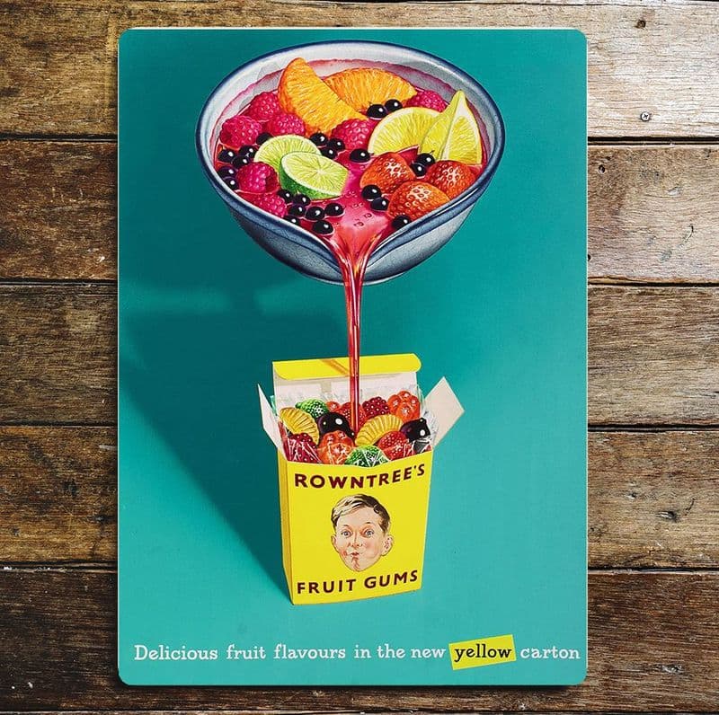 Rowntree's Fruit Gums Delicious Fruit Flavours In New Yellow Carton, Metal Advertising Wall Sign Four Sizes